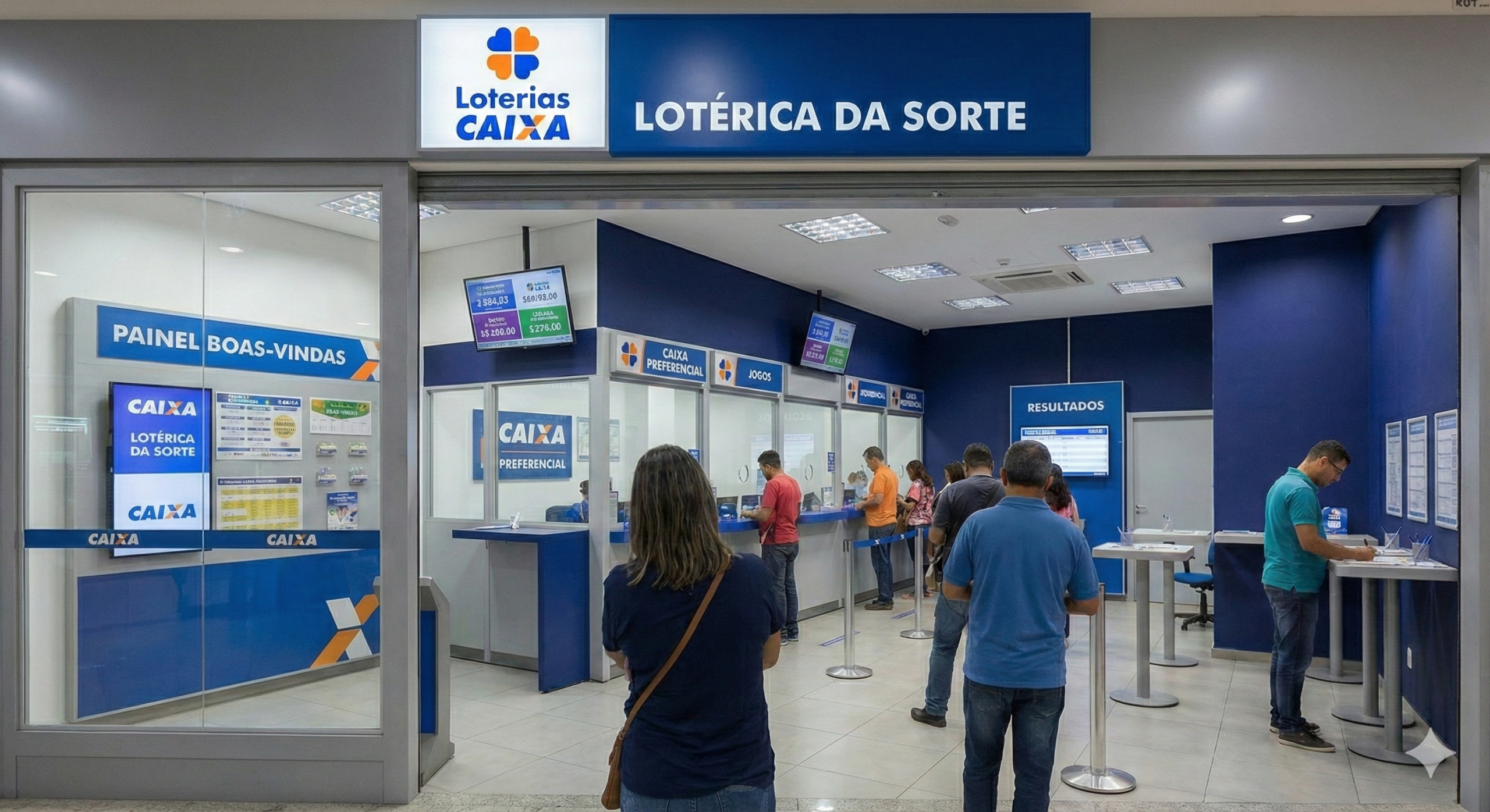 Clientes na fila e preenchendo formulários em uma moderna agência lotérica da Caixa, com decoração em azul e branco, balcões de atendimento, telas digitais de resultados e letreiros exibindo a Lotérica da Sorte.